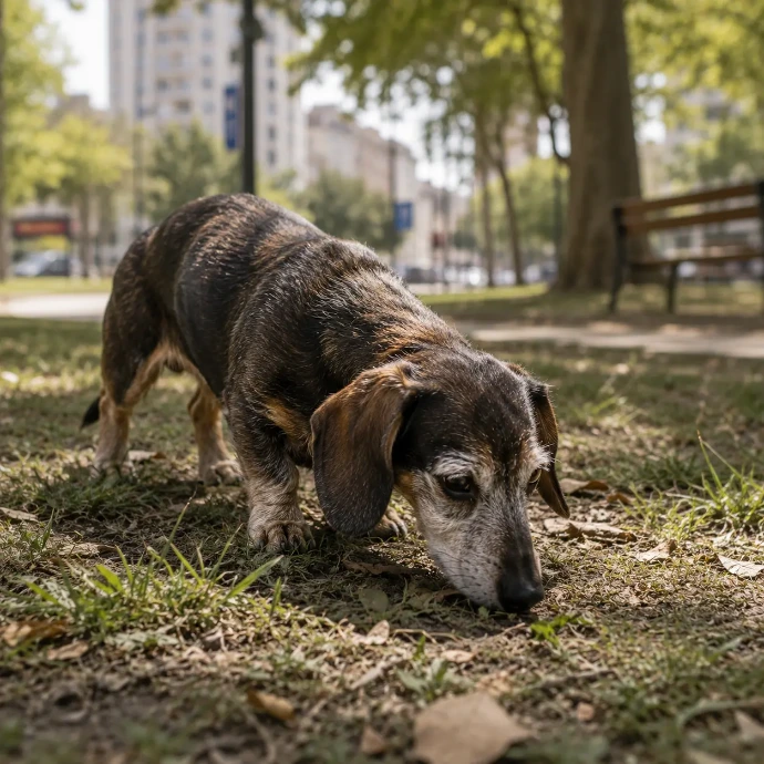 Perro olfateando en jardin. Contaminacion por glifosato